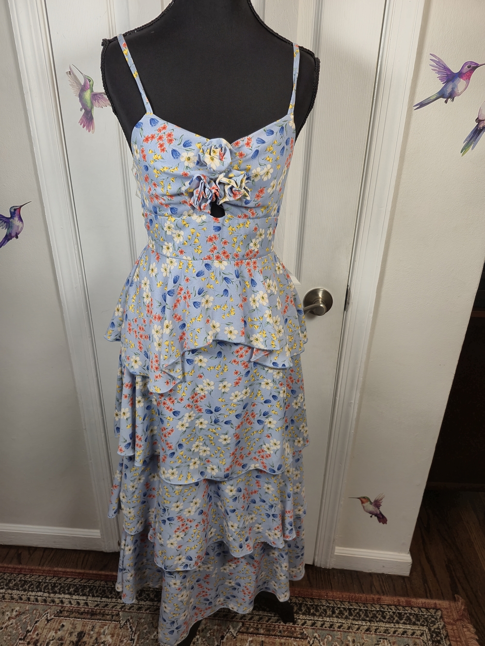 Charlotte Russe Blue Floral Tiered Ruffle Maxi Sundress Bohemian Small - Picture 3 of 7